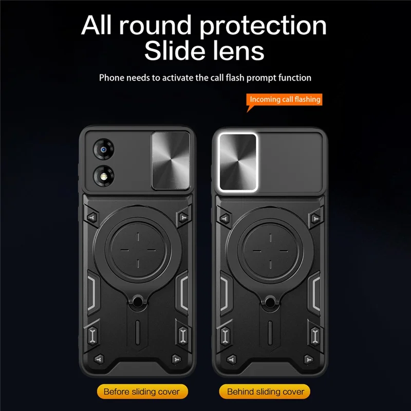 Pour Motorola Moto E13 4G Slide Camera Lid Smartphone Case Rotating Kickstand PC+TPU Cover - Noir