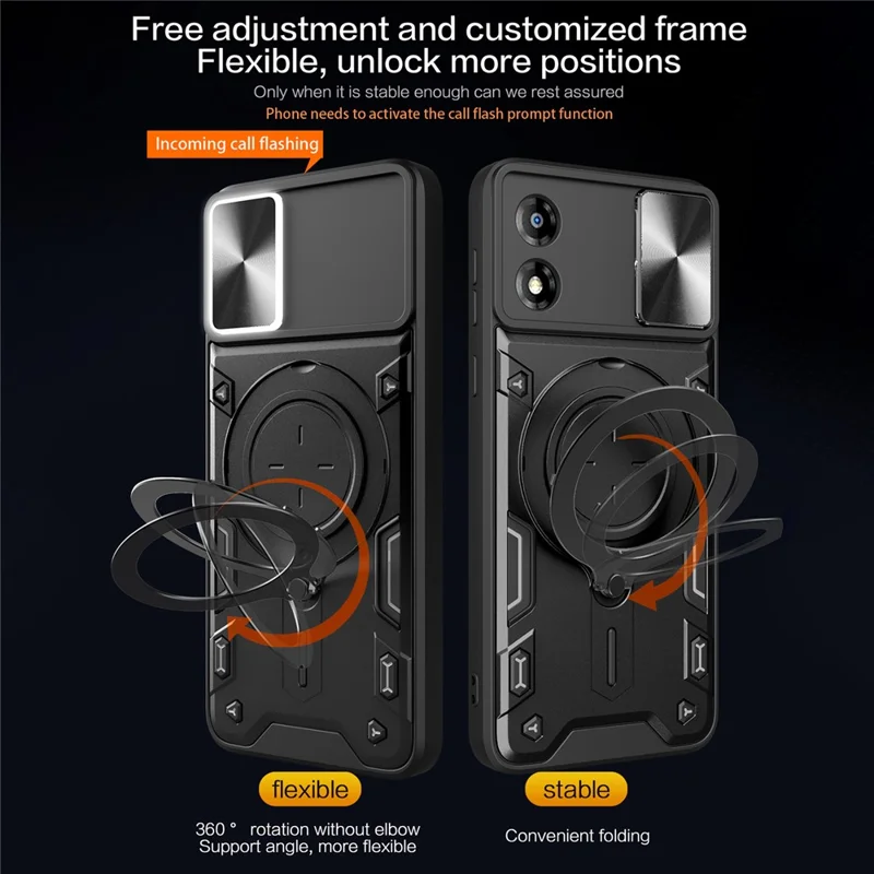 Pour Motorola Moto E13 4G Slide Camera Lid Smartphone Case Rotating Kickstand PC+TPU Cover - Noir