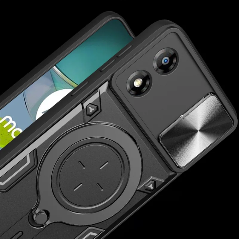 Pour Motorola Moto E13 4G Slide Camera Lid Smartphone Case Rotating Kickstand PC+TPU Cover - Noir