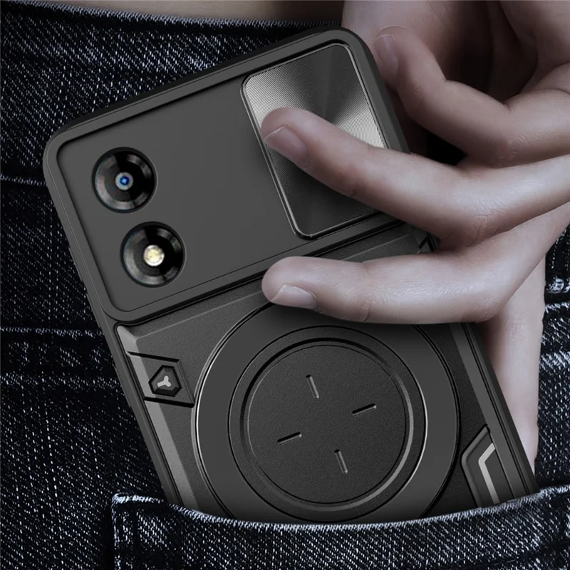 Pour Motorola Moto E13 4G Slide Camera Lid Smartphone Case Rotating Kickstand PC+TPU Cover - Noir