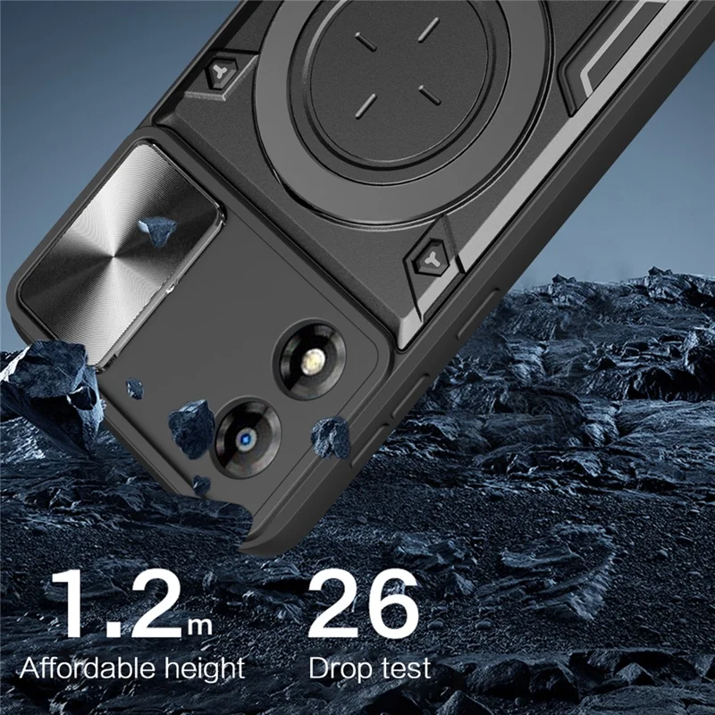 Pour Motorola Moto E13 4G Slide Camera Lid Smartphone Case Rotating Kickstand PC+TPU Cover - Noir