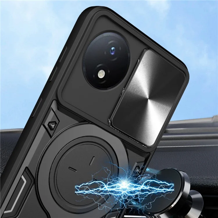 For vivo Y02 4G Rotatable Kickstand Slide Camera Lid Cover PC+TPU Shockproof Phone Case - Black
