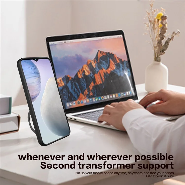 For vivo Y02 4G Rotatable Kickstand Slide Camera Lid Cover PC+TPU Shockproof Phone Case - Black