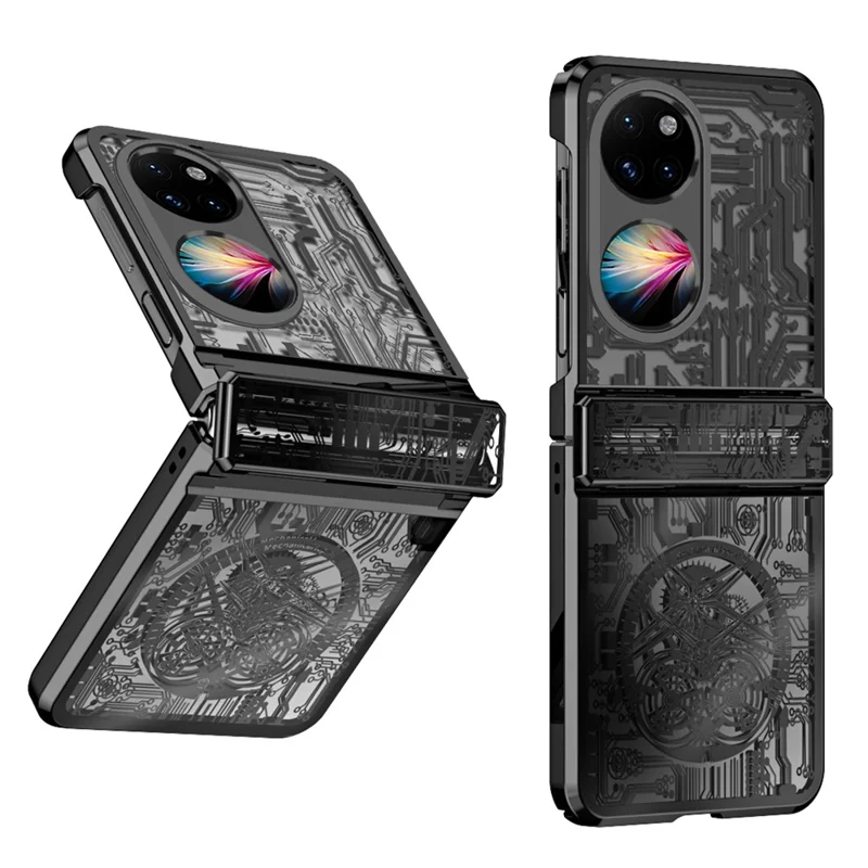 Mechanical Legend Series for Huawei P50 Pocket Hard PC Back Cover Hinde Protection Electroplating Phone Case - Black