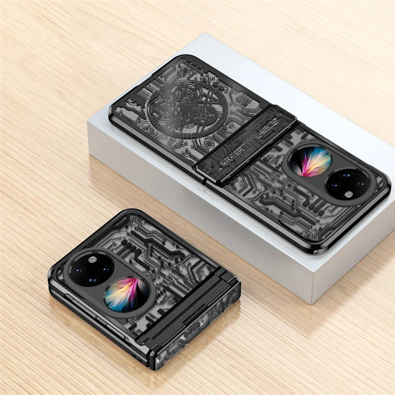 Mechanical Legend Series for Huawei P50 Pocket Hard PC Back Cover Hinde Protection Electroplating Phone Case - Black