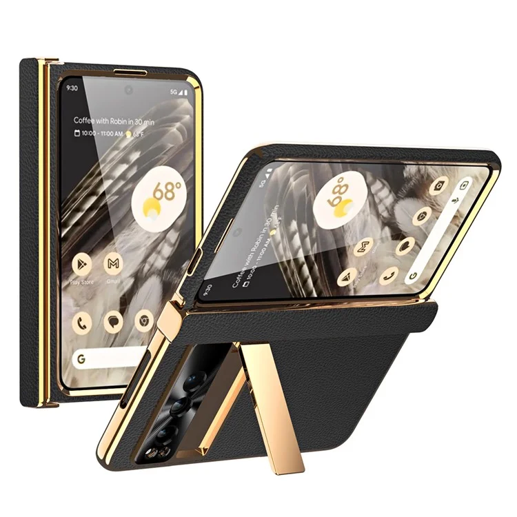 Pour Google Pixel Fold Litchi Texture Kickstand Phone Cover PU Leather+PC Magnetic Hinge Protection Case with Tempered Glass Screen Film - Noir