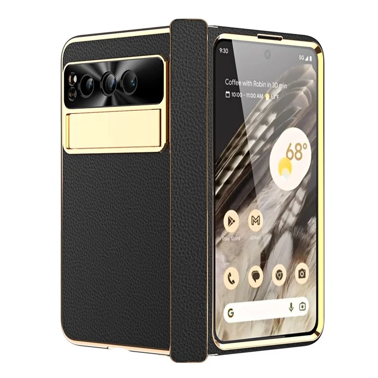 Pour Google Pixel Fold Litchi Texture Kickstand Phone Cover PU Leather+PC Magnetic Hinge Protection Case with Tempered Glass Screen Film - Noir