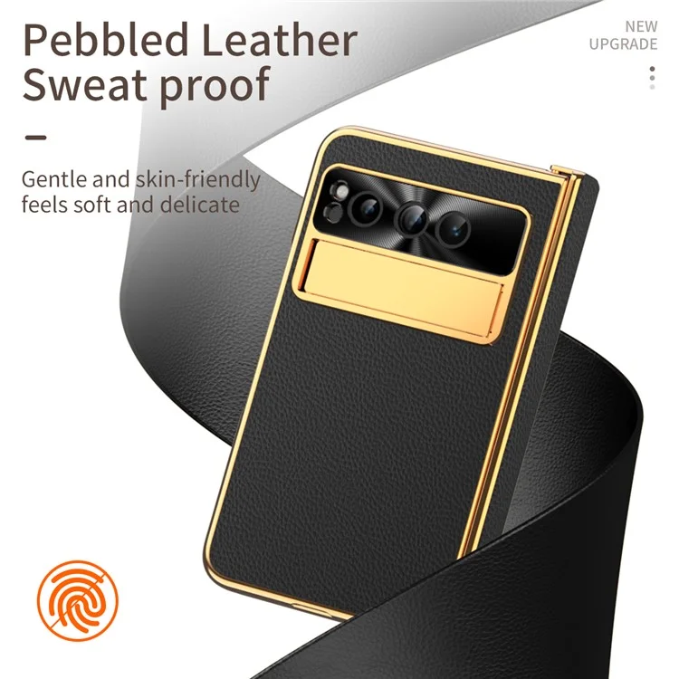 Pour Google Pixel Fold Litchi Texture Kickstand Phone Cover PU Leather+PC Magnetic Hinge Protection Case with Tempered Glass Screen Film - Noir