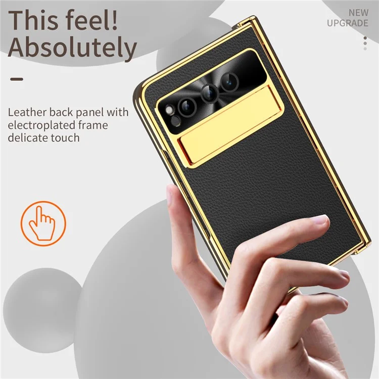 Pour Google Pixel Fold Litchi Texture Kickstand Phone Cover PU Leather+PC Magnetic Hinge Protection Case with Tempered Glass Screen Film - Noir