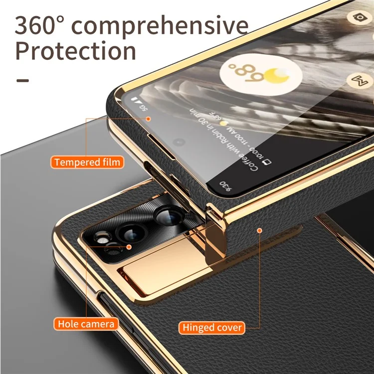 Pour Google Pixel Fold Litchi Texture Kickstand Phone Cover PU Leather+PC Magnetic Hinge Protection Case with Tempered Glass Screen Film - Noir