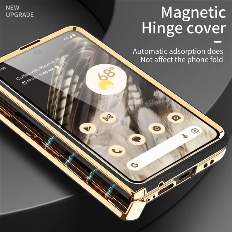 Pour Google Pixel Fold Litchi Texture Kickstand Phone Cover PU Leather+PC Magnetic Hinge Protection Case with Tempered Glass Screen Film - Noir