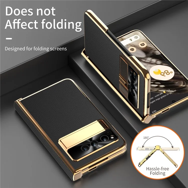 Pour Google Pixel Fold Litchi Texture Kickstand Phone Cover PU Leather+PC Magnetic Hinge Protection Case with Tempered Glass Screen Film - Noir