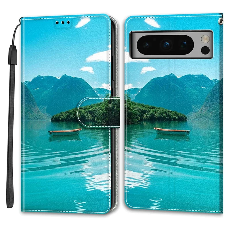 Pattern Printed Phone Case for Google Pixel 8 Pro Anti-Drop Leather Flip Cover with Stand, Card Slots - Boat