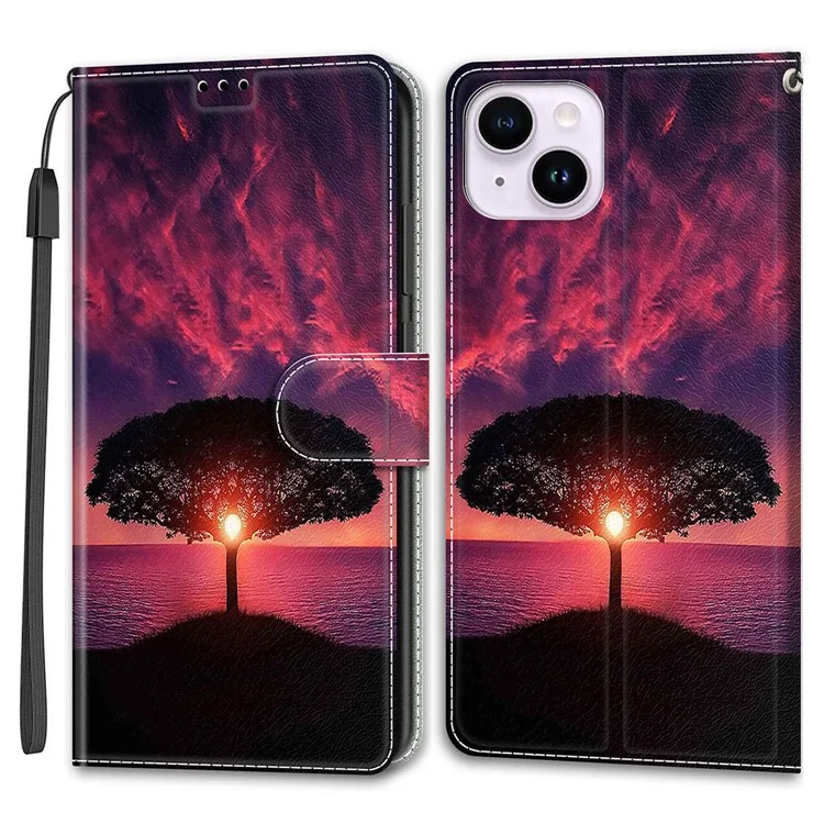 Leather Case for iPhone 14 , Pattern Printed Card Holder Stand Phone Cover - Black Tree  /  Sunset