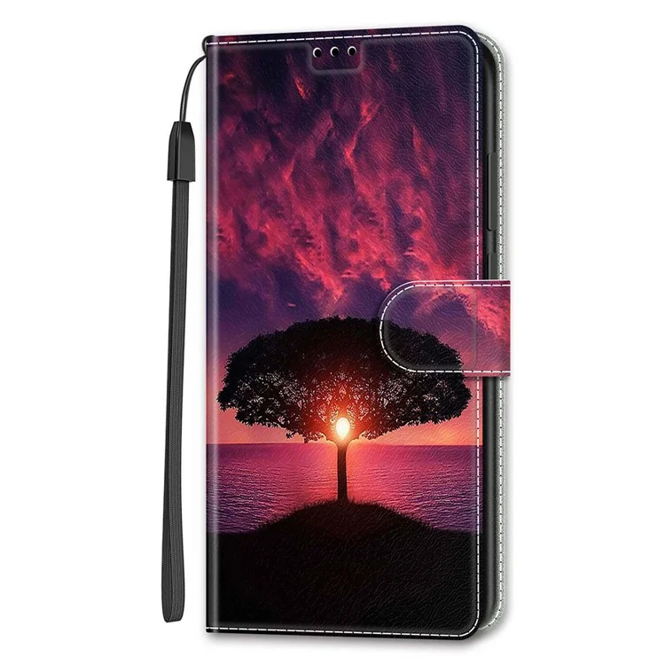 Leather Case for iPhone 14 , Pattern Printed Card Holder Stand Phone Cover - Black Tree  /  Sunset