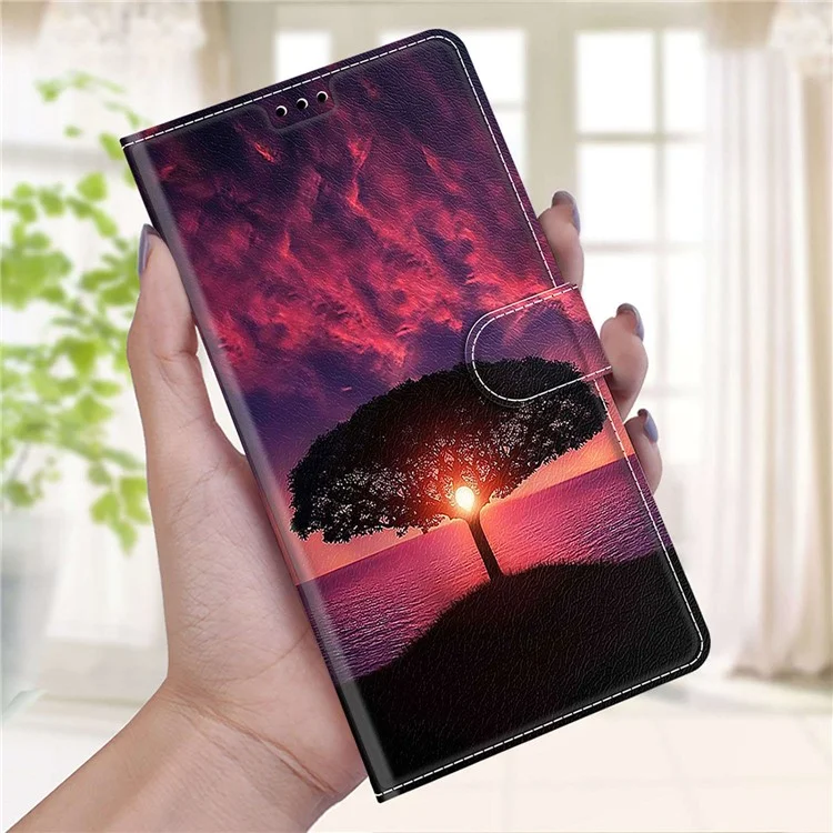 Leather Case for iPhone 14 , Pattern Printed Card Holder Stand Phone Cover - Black Tree  /  Sunset