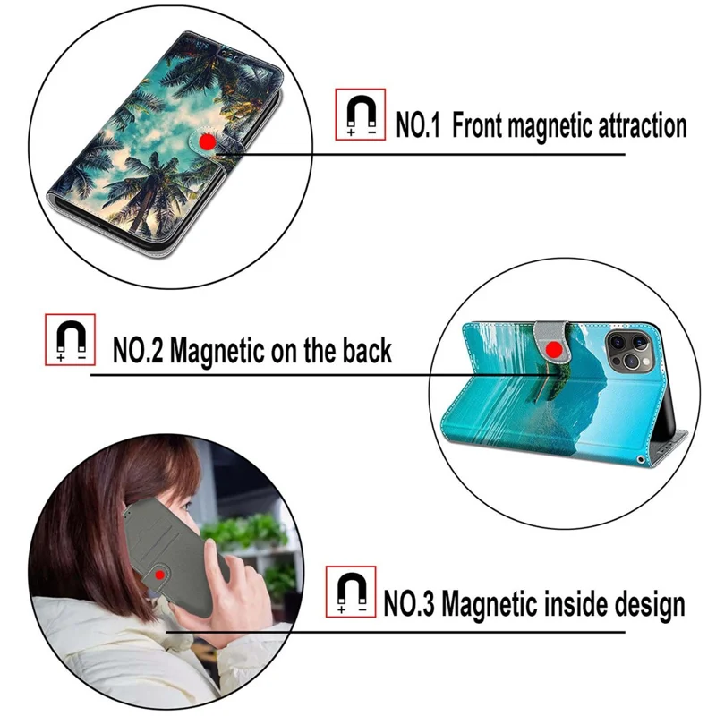 Leather Case for iPhone 14 , Pattern Printed Card Holder Stand Phone Cover - Black Tree  /  Sunset