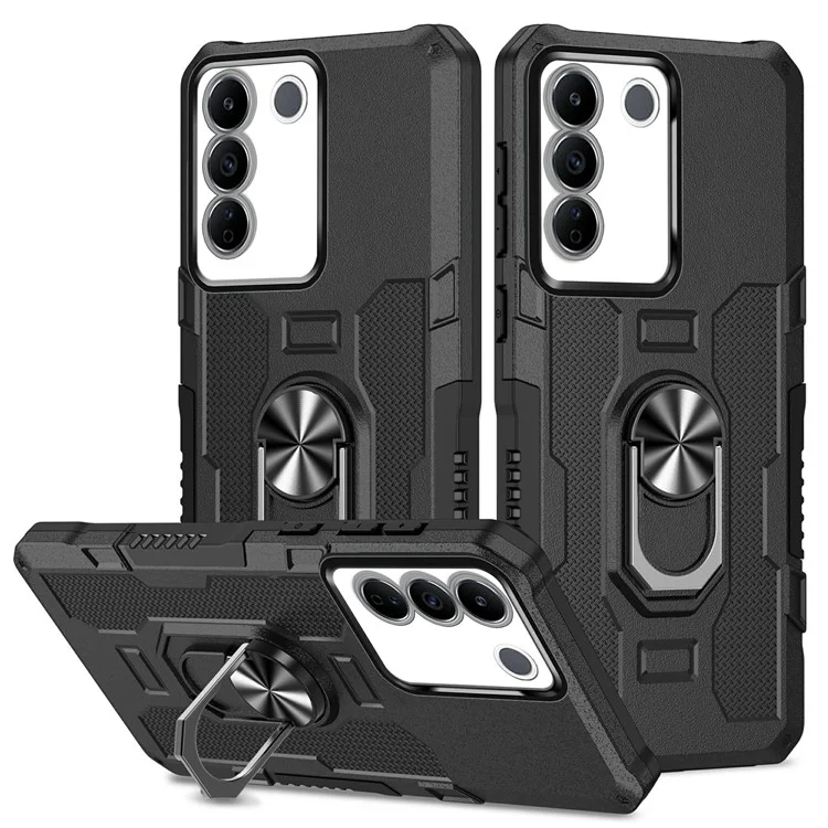Für vivo V27 5G PC + TPU stoßfeste Handyhülle mit Ringgriff und Ständer - Schwarz
