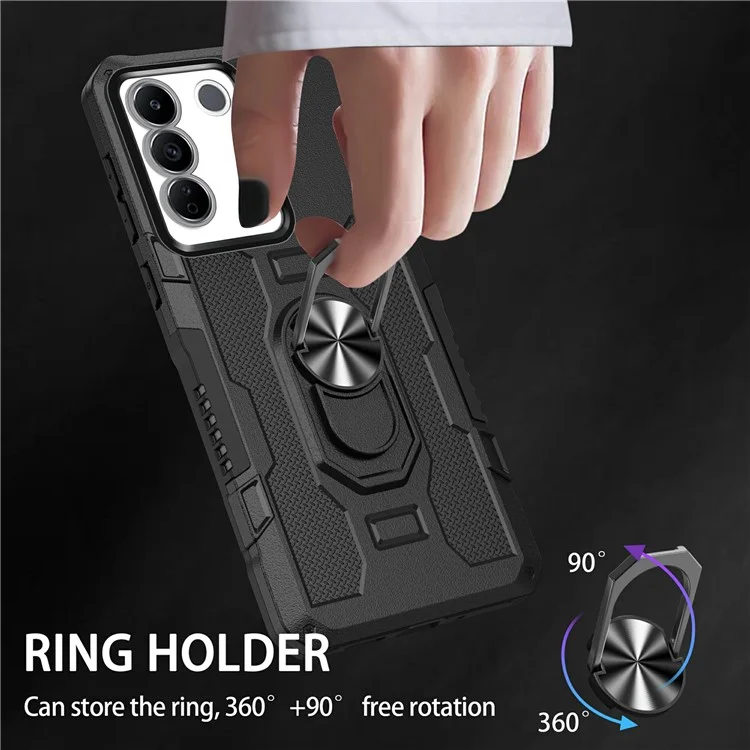 Für vivo V27 5G PC + TPU stoßfeste Handyhülle mit Ringgriff und Ständer - Schwarz