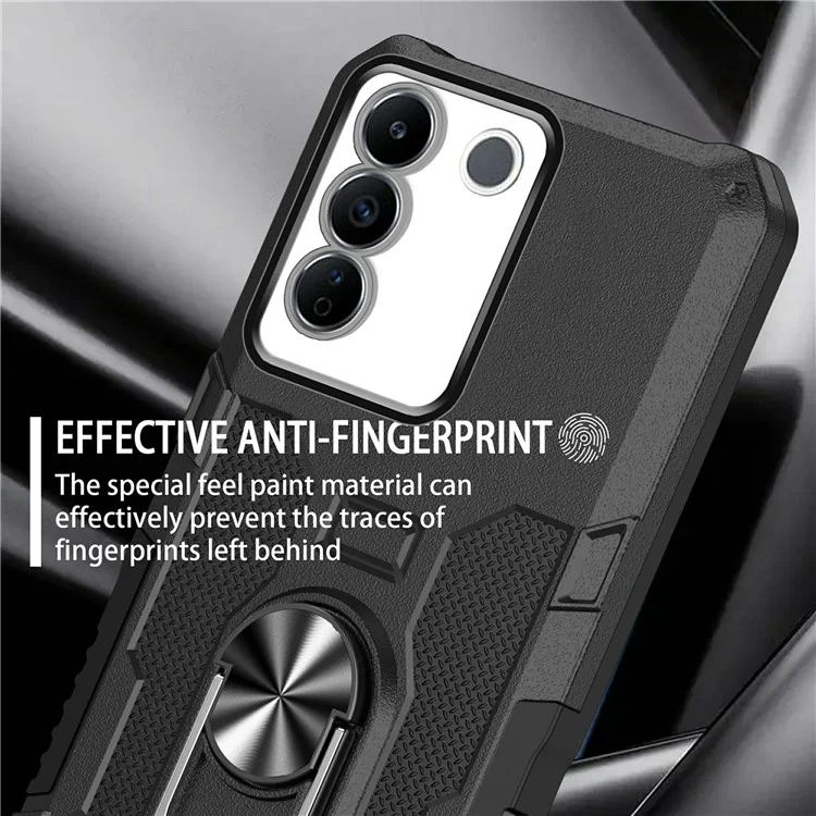 Für vivo V27 5G PC + TPU stoßfeste Handyhülle mit Ringgriff und Ständer - Schwarz