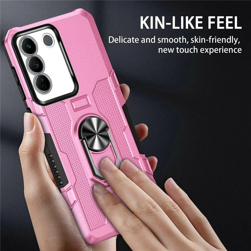 For vivo V27 5G PC + TPU Shockproof Phone Case Ring Kickstand Rugged Cover - Pink