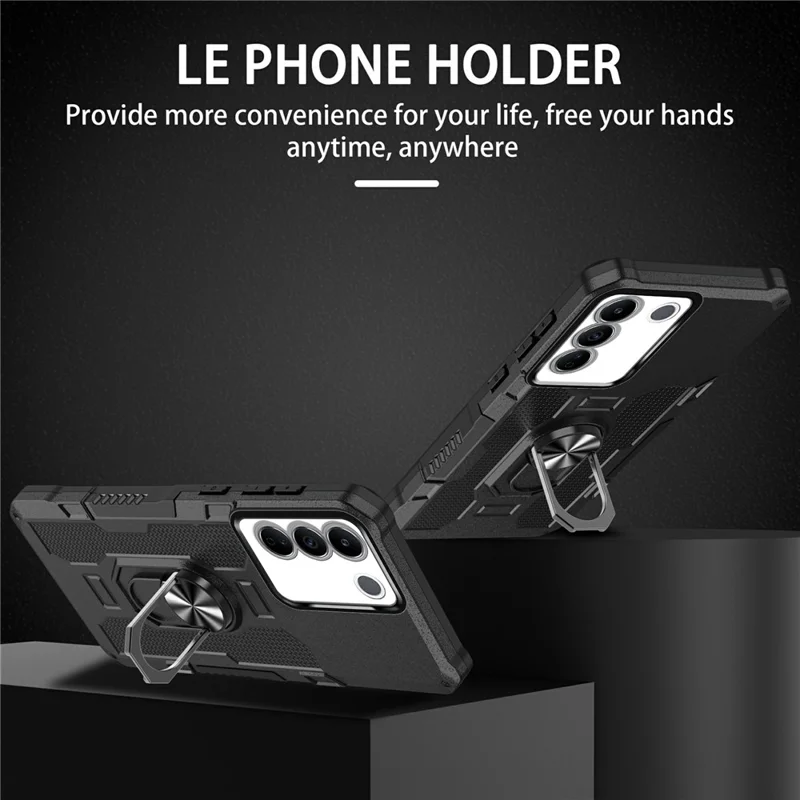 For vivo V27e 4G PC + TPU Anti-Scratch Phone Case Rugged Cover with Ring Kickstand - Black