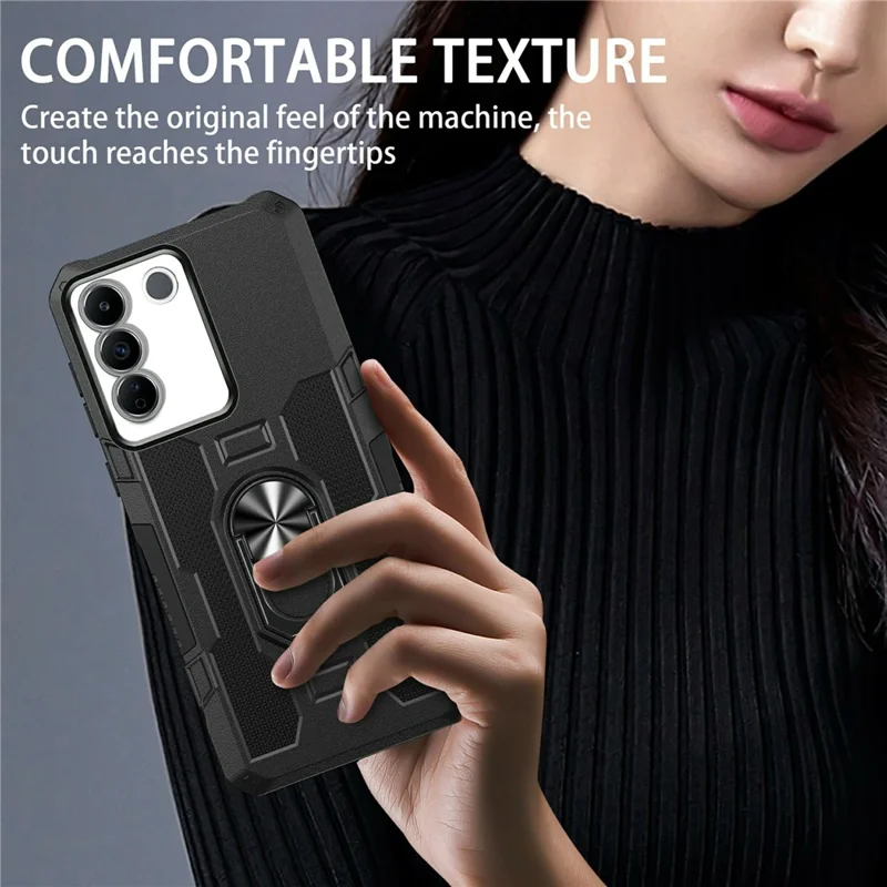For vivo V27e 4G PC + TPU Anti-Scratch Phone Case Rugged Cover with Ring Kickstand - Black