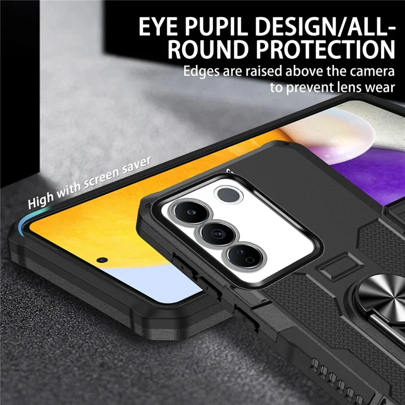 For vivo V27e 4G PC + TPU Anti-Scratch Phone Case Rugged Cover with Ring Kickstand - Black