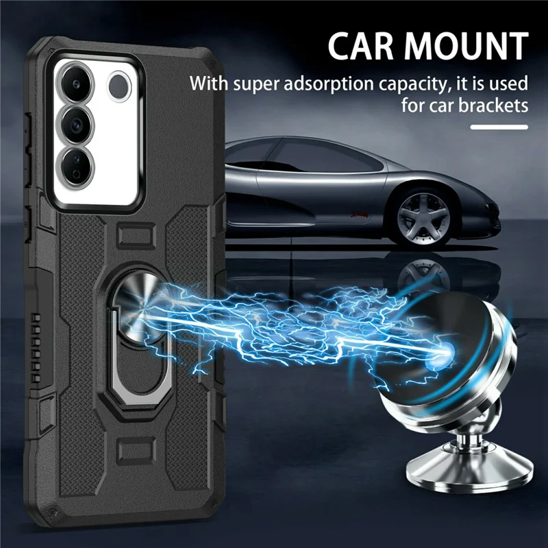 For vivo V27e 4G PC + TPU Anti-Scratch Phone Case Rugged Cover with Ring Kickstand - Black