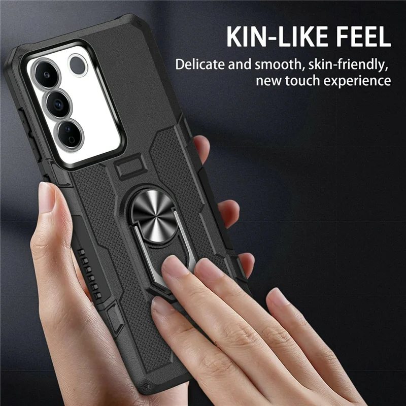 For vivo V27e 4G PC + TPU Anti-Scratch Phone Case Rugged Cover with Ring Kickstand - Black