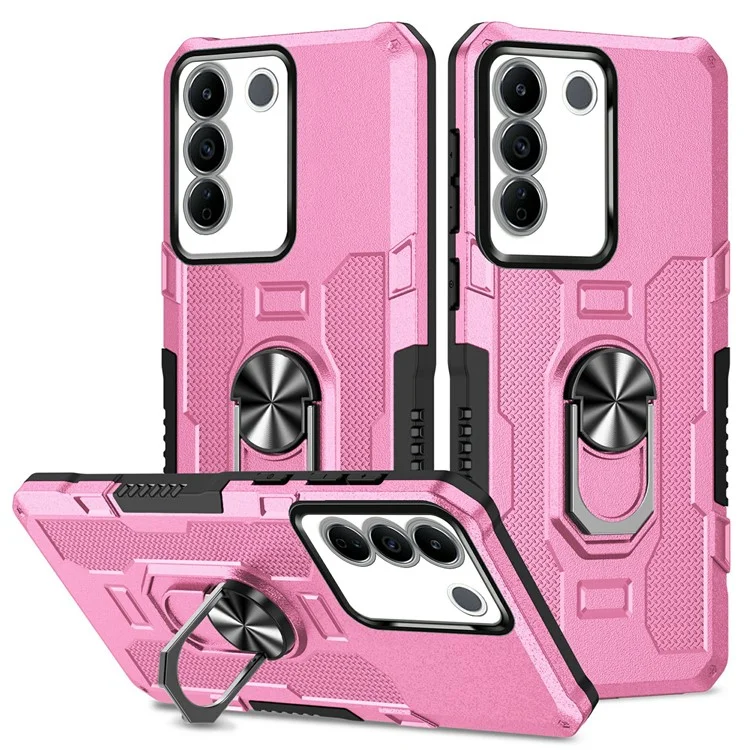 For vivo V27e 4G PC + TPU Anti-Scratch Phone Case Rugged Cover with Ring Kickstand - Pink