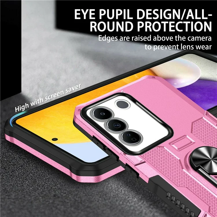 For vivo V27e 4G PC + TPU Anti-Scratch Phone Case Rugged Cover with Ring Kickstand - Pink