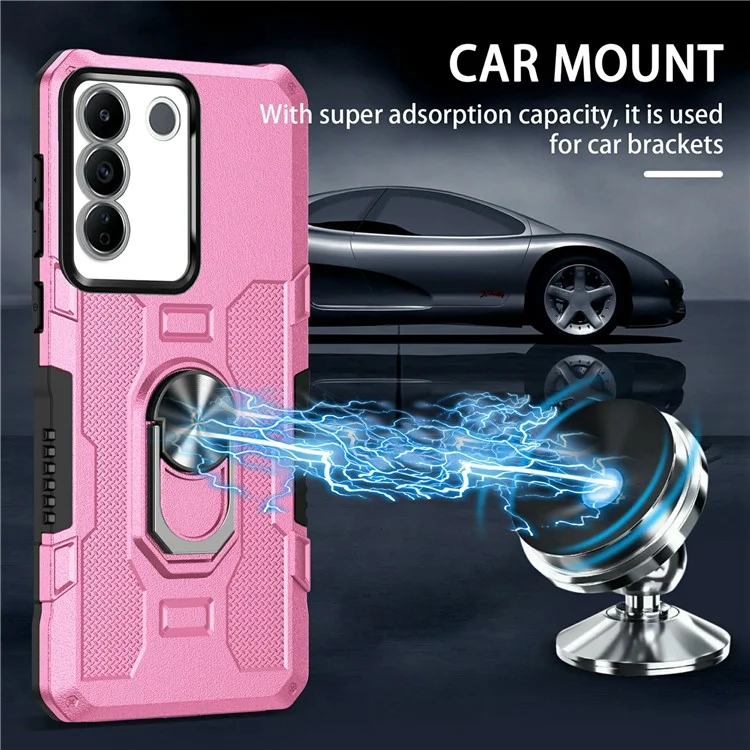 For vivo V27e 4G PC + TPU Anti-Scratch Phone Case Rugged Cover with Ring Kickstand - Pink