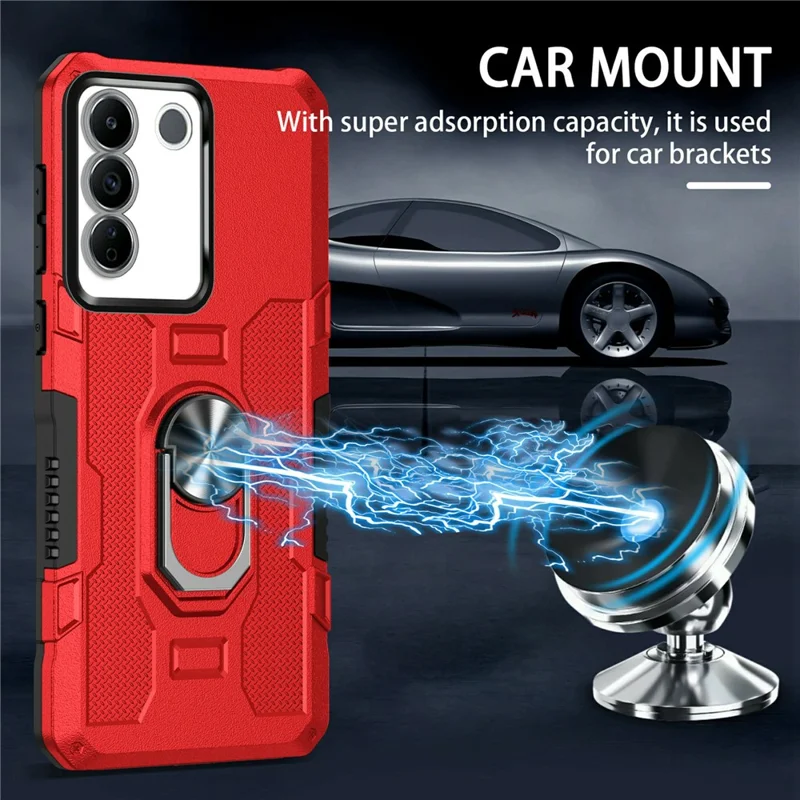 Para Vivo V27e 4G PC + TPU Anti-Scratch Case de Telefone Robusto Com Anel Kickstand - Vermelho