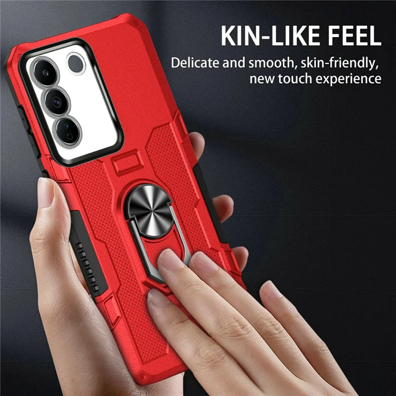 Para Vivo V27e 4G PC + TPU Anti-Scratch Case de Telefone Robusto Com Anel Kickstand - Vermelho