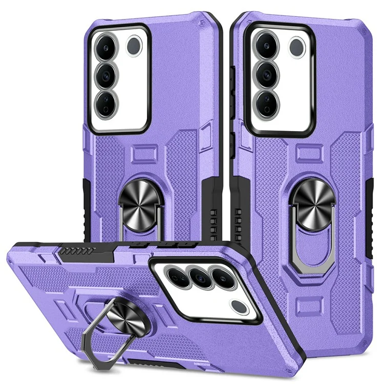 Для Vivo V27e 4G PC + TPU Anti-Scratch Phone Case Crakged Cover с Кольцевой Стендом - Фиолетовый