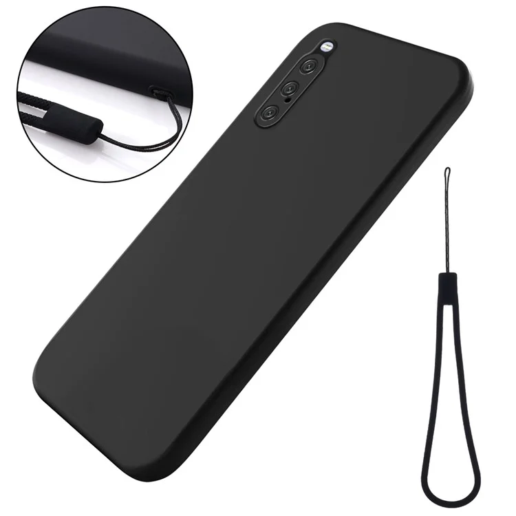 Para Sony Xperia 10 V Liquid Silicone Case de Telefone Macio Tampa à Prova de Choque Com Cinta - Preto