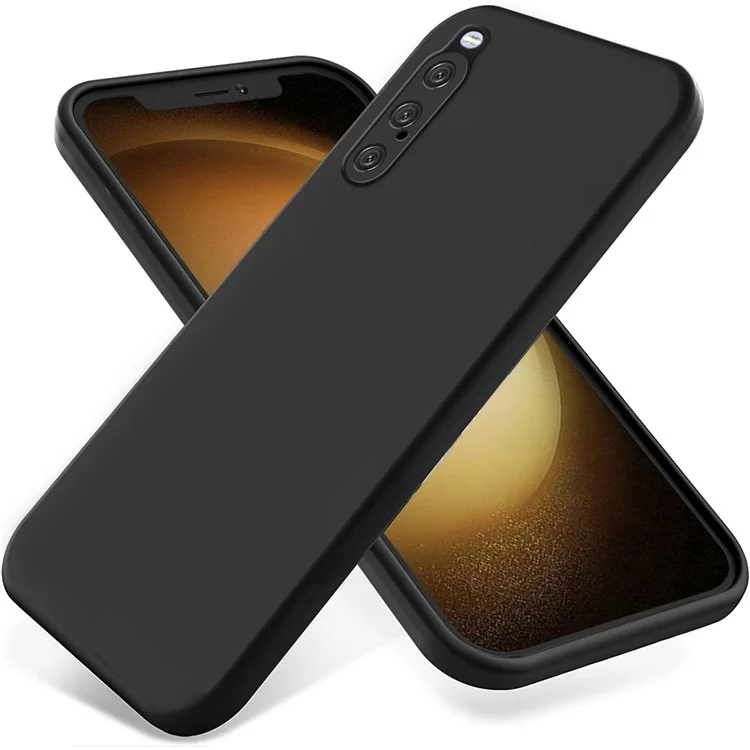 Para Sony Xperia 10 V Liquid Silicone Case de Telefone Macio Tampa à Prova de Choque Com Cinta - Preto