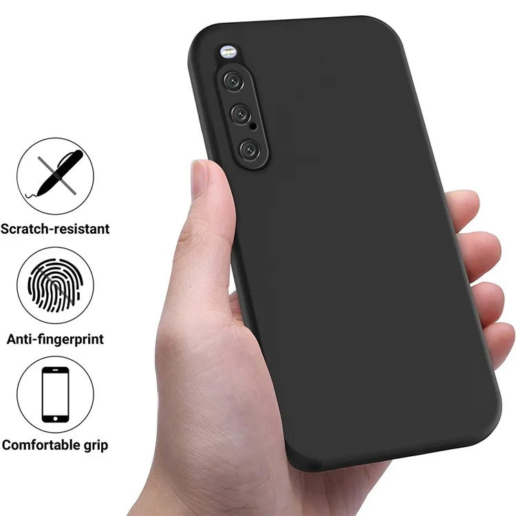 Para Sony Xperia 10 V Liquid Silicone Case de Telefone Macio Tampa à Prova de Choque Com Cinta - Preto