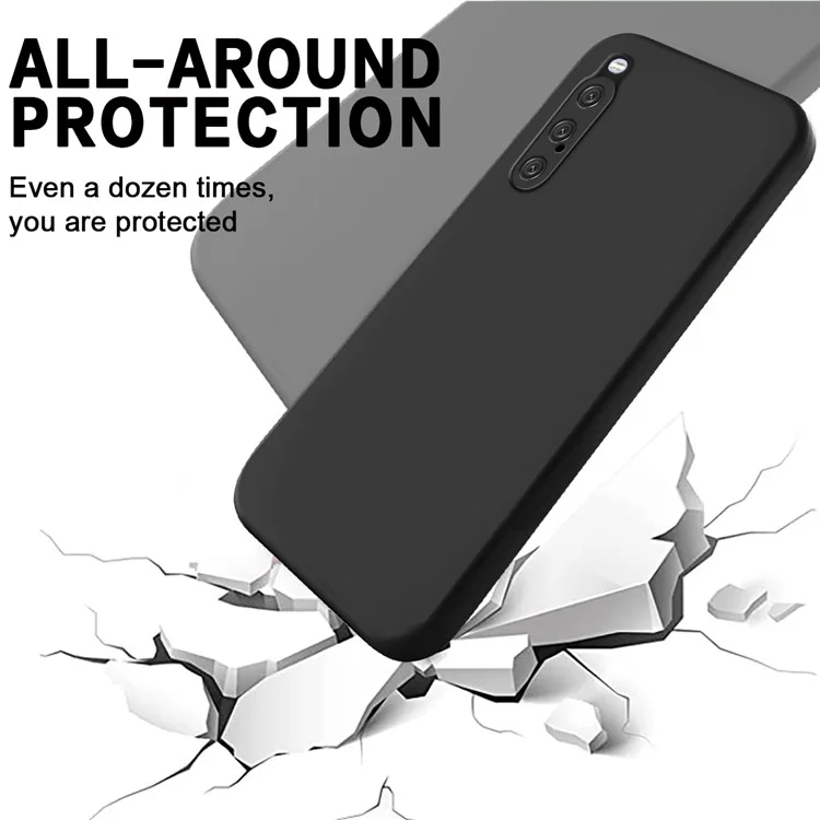 Para Sony Xperia 10 V Liquid Silicone Case de Telefone Macio Tampa à Prova de Choque Com Cinta - Preto