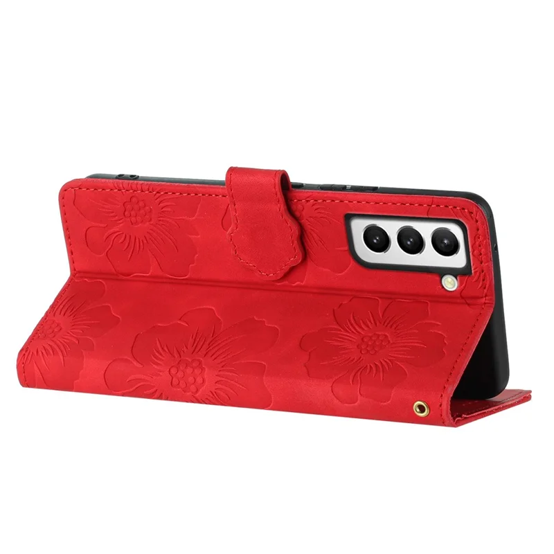 For Samsung Galaxy S22+ 5G Flowers Imprinted Leather Phone Case Stand Wallet Protective Cover - Red