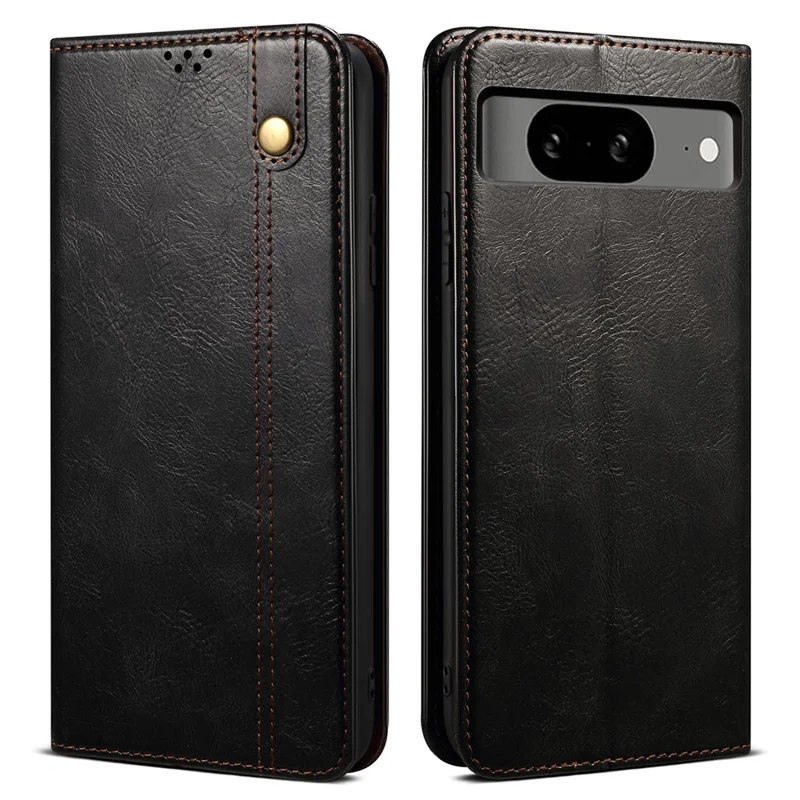 For Google Pixel 8 Phone Cover Waxy Crazy Horse Texture Leather Stand Wallet Case - Black