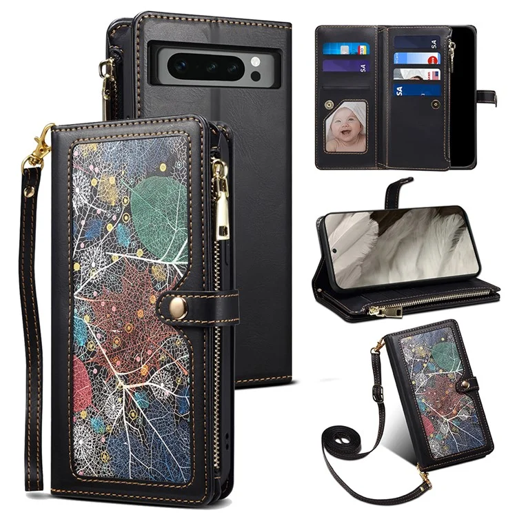 ESEBLE for Google Pixel 8 Pro Wallet Stand Phone Case Zipper Pocket RFID Blocking Leather Phone Cover - Black