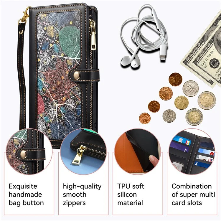 ESEBLE for Google Pixel 8 RFID Blocking Leather Phone Case Zipper Pocket Cover with Wallet Stand - Black