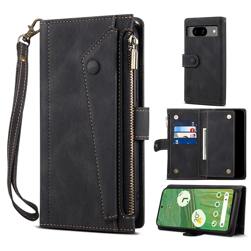 ESEBLE Star Series Leather Phone Case for Google Pixel 8 , Zipper Pocket Wallet RFID Blocking Phone Stand Cover - Black