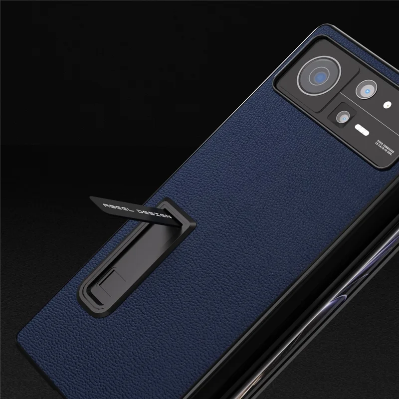 ABEEL Für Xiaomi Mix Fold 2 5G Kickstand Handyhülle Litchistruktur Echtes Rindsleder + PC Vollschutz Hülle mit Front-Bildschirmfolie - Blau