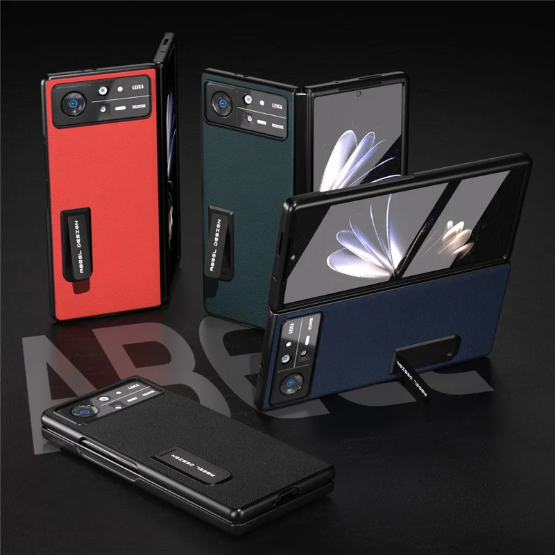 ABEEL Für Xiaomi Mix Fold 2 5G Kickstand Handyhülle Litchistruktur Echtes Rindsleder + PC Vollschutz Hülle mit Front-Bildschirmfolie - Blau