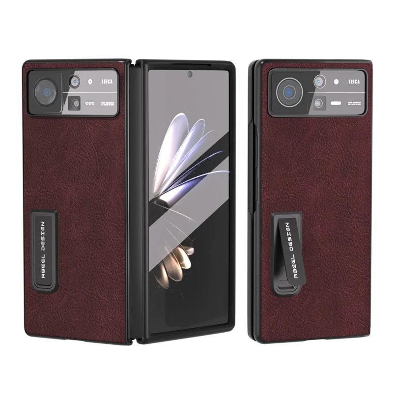 ABEEL Para Xiaomi Mix Fold 2 5G Capa Protetora de Couro PU + PC Textura de Lichia com Suporte Película de Proteção de Tela Frontal - Vermelho Arroxeado 