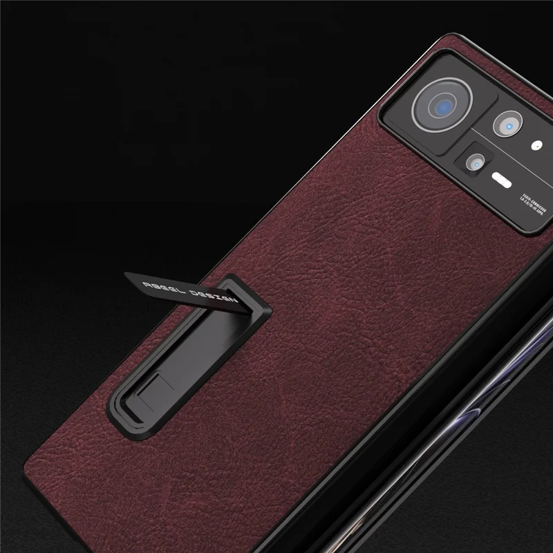ABEEL Para Xiaomi Mix Fold 2 5G Capa Protetora de Couro PU + PC Textura de Lichia com Suporte Película de Proteção de Tela Frontal - Vermelho Arroxeado 