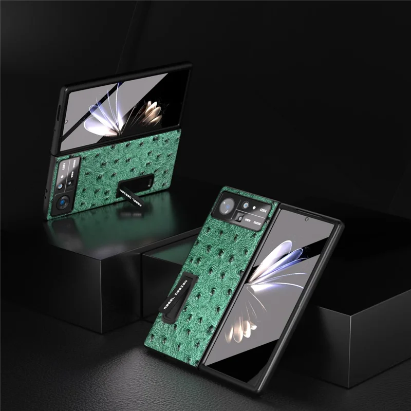 ABEEL Per Xiaomi Mix Fold 2 5G Custodia protettiva in vera pelle bovina + PC con texture struzzo Custodia con supporto pieghevole Custodia protettiva per telefono con pellicola per schermo anteriore - Verde